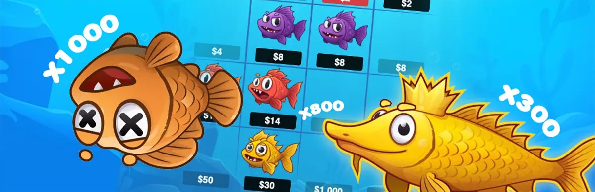 Fish Boom promotional artwork showing an underwater game grid with fish payout tiles in the background, featuring a large dizzy brown fish marked “x1000” on the left and a crowned golden fish on the right with multipliers like “x800” and “x300.”