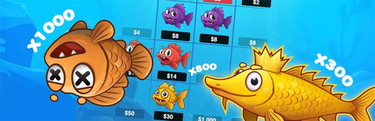 Fish Boom promotional artwork showing an underwater game grid with fish payout tiles in the background, featuring a large dizzy brown fish marked “x1000” on the left and a crowned golden fish on the right with multipliers like “x800” and “x300.”