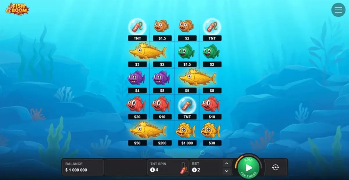 Fish Boom game screen showing a grid of cartoon sea creatures and TNT icons with payout values (from $1.5 up to $1,000) over a blue underwater background, plus a bottom control bar with balance, bet settings, and a “hold for turbo” button.