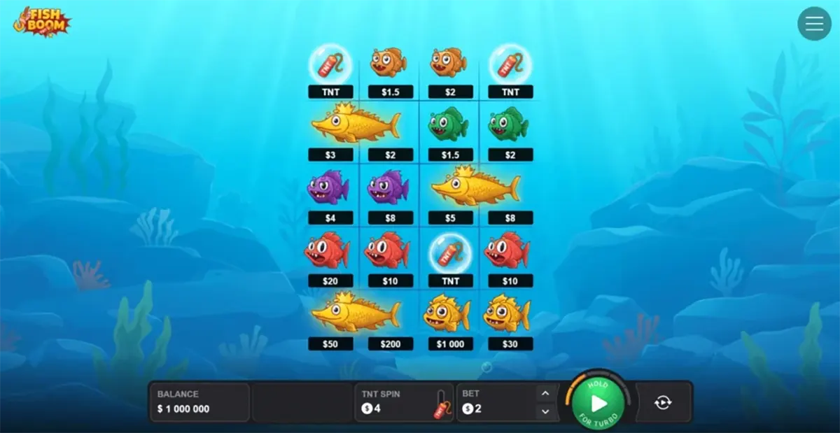 Fish Boom game screen showing a grid of cartoon sea creatures and TNT icons with payout values (from $1.5 up to $1,000) over a blue underwater background, plus a bottom control bar with balance, bet settings, and a “hold for turbo” button.